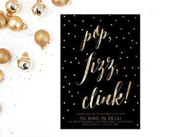 New Years Eve Invitation, New Years Eve Party, New Years Eve Invites, New Years Invites, New Years Eve Printable, Gold Glitter, 2016