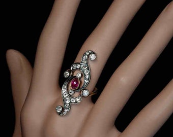 Art Nouveau Ruby Diamond Openwork Long Ring