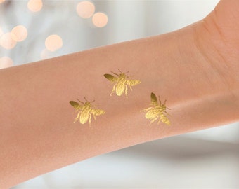 3 Gold Metallic Bee Temporary Tattoos, Bumblebee Tattoo, Gold Jewelry Bumblebee Tattoo