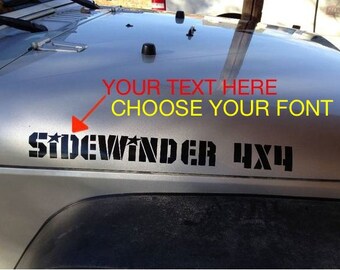 Custom Text Jeep Wrangler Hood Decals (set of two) choose font & text.