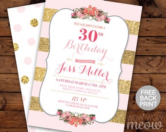 Elegant Birthday Invitation Any Age Gold Pink Glitter Invite INSTANT DOWNLOAD Surprise Womens Party Editable Personalize Digital Printable