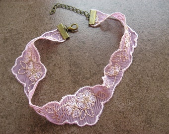 Lace Choker Embroidered Lace Pink Tulle with floral embroidery Marriage Boho necklace