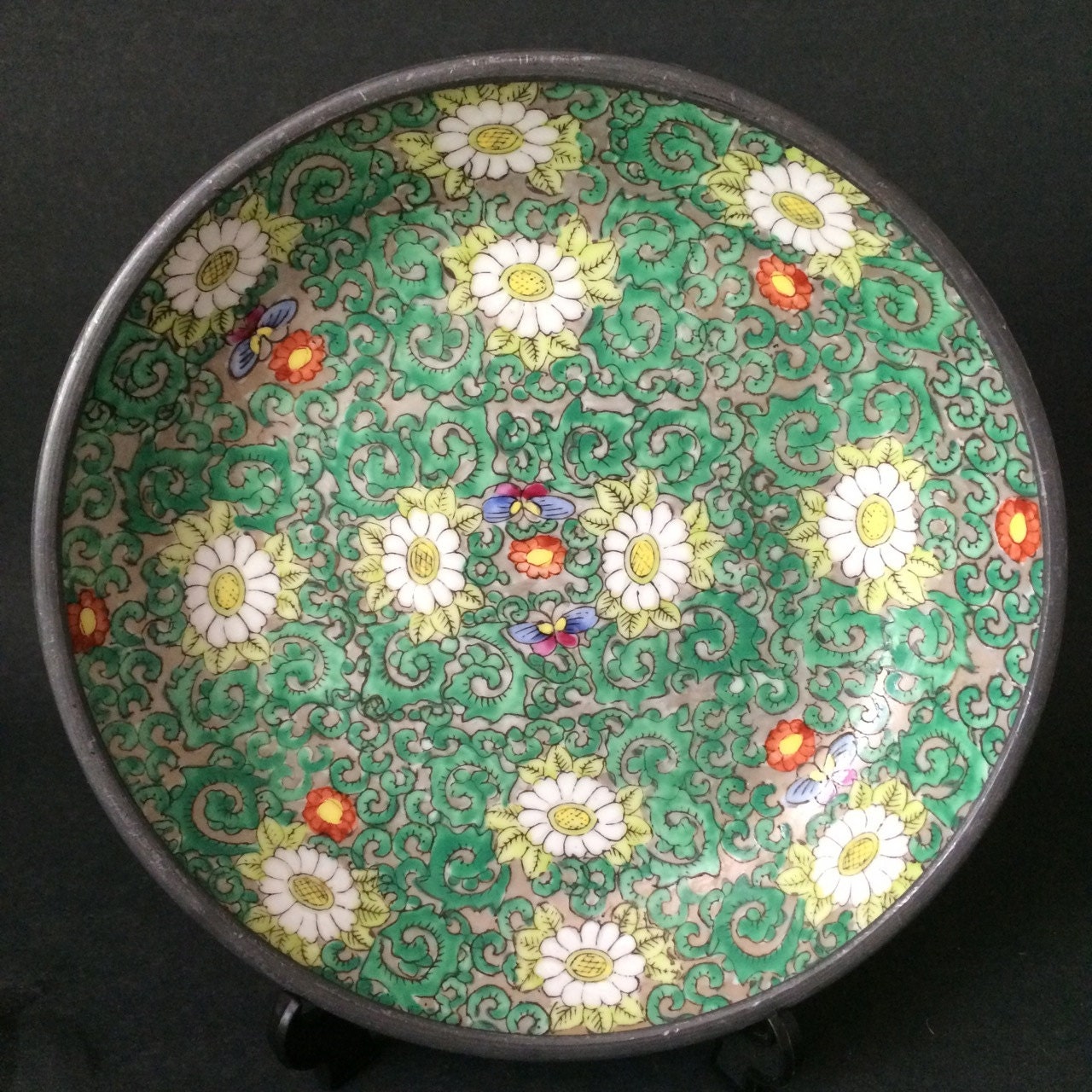Vintage Japanese Porcelain and Pewter Dish with Floral Designs