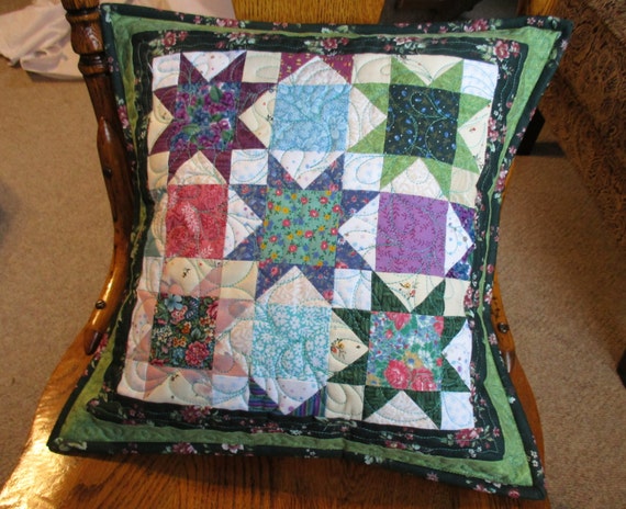 Green Quilted Throw Pillow Floral Patchwork by MommaBearsQuilts