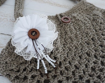 Boho romantic purse, summer boho purse, lace flower, summer bag made in crochet, beige shouder bag