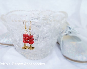 Red coral and ginkgo leaf charm earrings