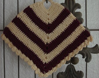 Vintage Burgundy & Cream Striped Crocheted Pot Holder, 1960s, Cute Poncho Shape, Hand made, Cute accent for Your Retro Kitchen ~