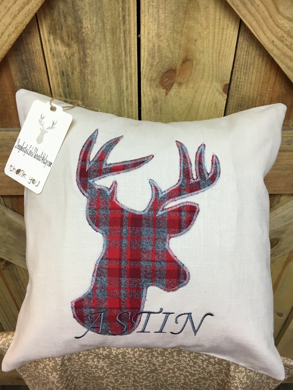Deer Head Monogrammed Plaid Pillow Cover