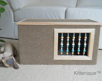 Brown Beaded Cat House - Wooden Cat Furniture - Unique Beaded Doorway and Window with Sterling Silver - Deluxe Carpeted Cat Condo, Cat Cave.