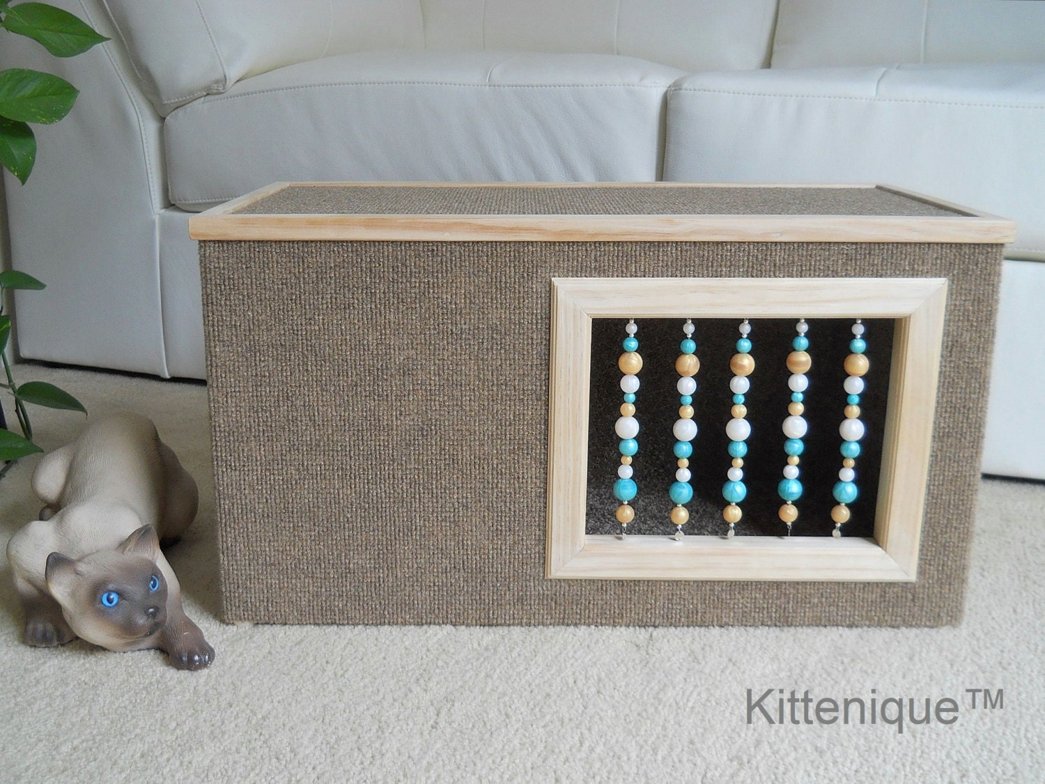 Brown Beaded Cat House Wooden Cat Furniture Unique Beaded