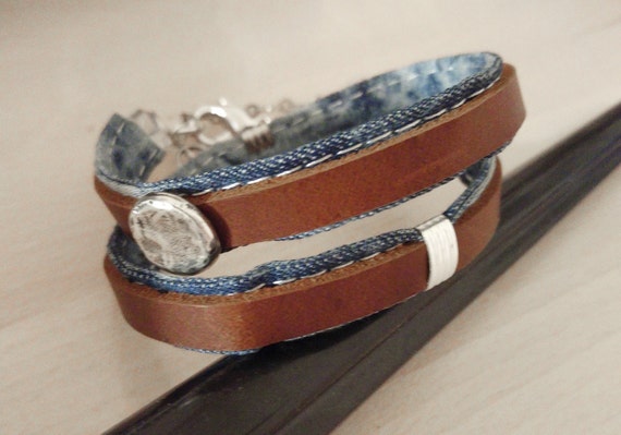 Denim Leather Bracelet, Mens Denim Bracelet, Mens Wrap Wristband, Leather Jeans Wristband, Denim Wrap Bracelet, Denim Leather Jewelry