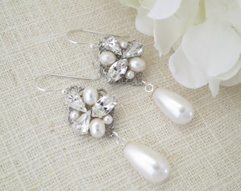 Asymmetrical bridal earring, Swarovski crystal and pearl earring, Art Deco wedding earring