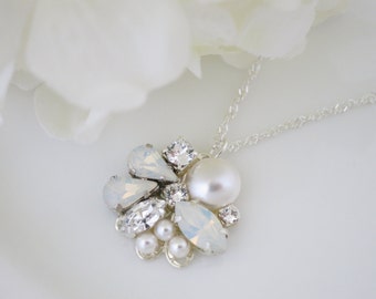 White opal pendant necklace, Swarovski crystal and pearl bridal necklace, Simple rhinestone wedding necklace