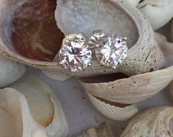 Diamond Stud Earrings, 2.00 ct. CZ Studs, Diamond Earrings, Sterling Silver, Martini Setting, Wedding, Bridesmaids, Everyday Jewelry