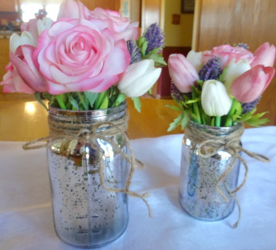 Farmhouse Decor Tulips and Roses in Mason Jars Silver