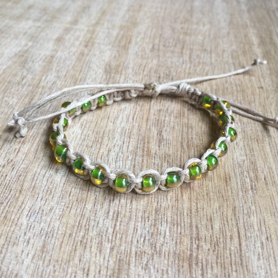 Beaded Anklet Natural Hemp Anklet Green Czech Beads Macrame