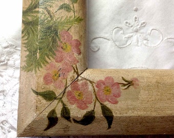 Folk Art Frame Antique Painted Pink Floral Flowers - Romantic Retro Victorian - Large Picture Frame Wood Primitive Roses Vines Berries