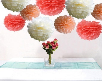 Bulk 18pcs Mixed Coral Peach Ivory DIY Tissue Paper Flower Ball Pom Poms Wedding Birthday Bridal Shower Hanging Party Decoration Favor