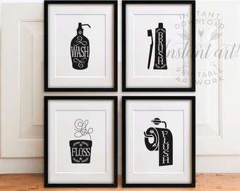 Bathroom art set PRINTABLES, Wash brush floss flush, bathroom decor,bathroom wall art,printable bathroom,bathroom rules,brush teeth sign