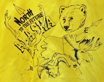 Vintage Windbreaker Sz Small/Medium (unisex)- Alaskana -North to the Future Alaska-grizzly bear-moose-yellow windbreaker-Made in USA
