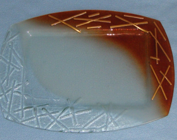 Rectangular Crackeled Handmade Fused Glass Tray, Serving Platter, Vintage Caramel Clear Decorative Plate, Housewarming Gift, Art Glass Plate