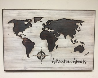Nursery Decor Idea, Wood Wall Art, World Map, Wooden Map, Rustic, Adventure Awaits, Carved, Graduation gift, Wedding Gift idea