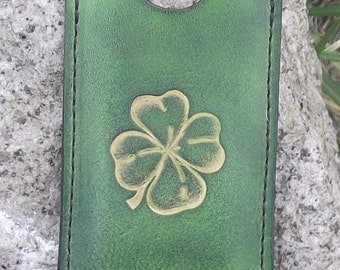 Leather Card holder , design Clover, colour "vert anis" (16 colours available)