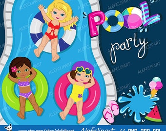 Pool Party Clipart, Pool party clipart , Swim Girls Digital Clipart Set, Summer girls For Personal and Commercial Use