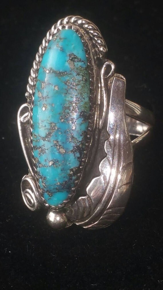 Turquoise Ring Squash Blossom Sterling Ring Native American