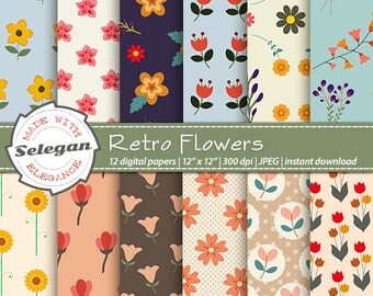Retro Flowers, Digital Paper, Scrapbooking, Paper, 12x12, Printable, Flower, Pattern, Blossom, Texture, Retro, Floral, Background, Download