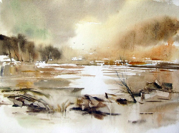 Beige Fog 3 - Landscape Watercolor Painting Colorful Print- Beige Brown White Colors