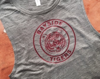 Bayside Tigers Women's Flowy Muscle Tank in Asphalt Slub with Maroon Vinyl Logo