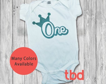 Princess Crown First Birthday Onesie (girl boy first year shirt outfit infant toddler kid one number glitter baby princess harry potter)