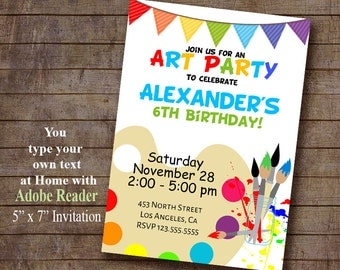 Art Party Invitation, Paint Birthday invite, Instant Download, Self Editable PDF file A420