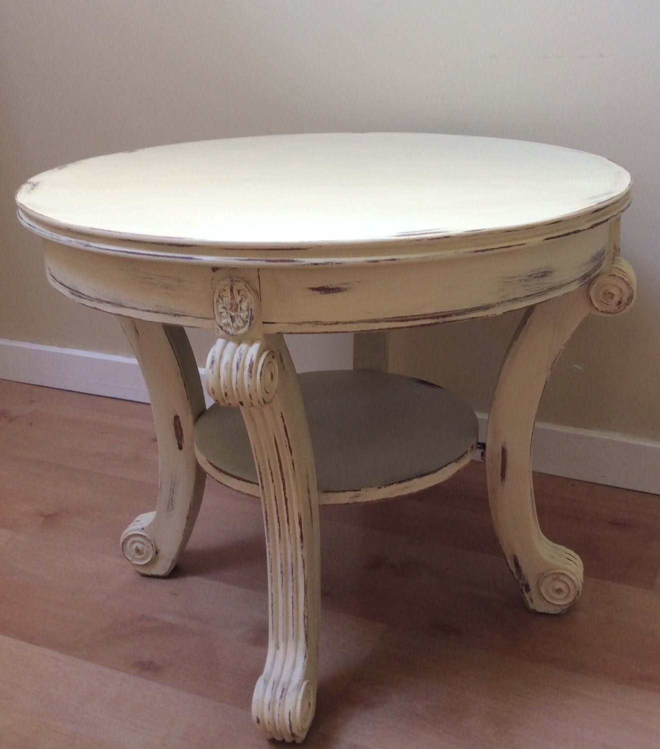 Round antique coffee table, ornate coffee table, off white coffee table