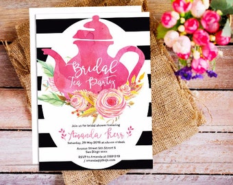 Bridal Tea Party Invitation, Tea Party, Bridal Shower, Tea Party Invitation, White and Black stripes invitation, tea party bridal hower