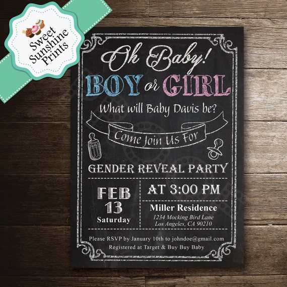 Chalk Board Gender Reveal Invitation Boy by SweetSunshinePrints