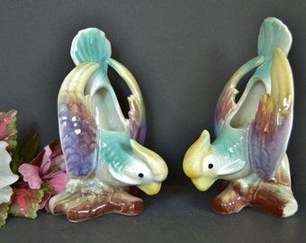 Antique Tropical Bird Wall Pocket Vases from Morton Pottery