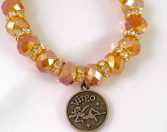 SALE Bead Charm Bracelet, Gold Zodiac Bead Bracelet, beaded jewelry, charm bracelets, faceted beads