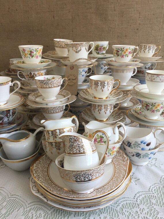 Job Lot Vintage China - 40 Matching China Tea Trios, 5 Matching Cake Plates, 5 Matching Creamers and 5 Matching Sugar Bowls