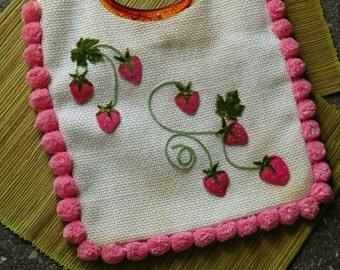70's Burlap felt strawberry bag with pink pom poms!