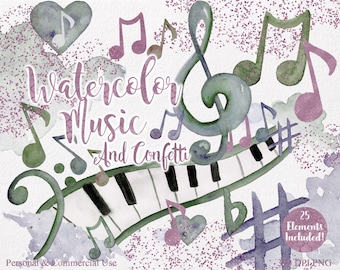 WATERCOLOR MUSICAL Clipart Commercial Use Clipart 25 Elements Pink Confetti Music Notes Treble Clef Piano Keys & Watercolor Splash Clip Art