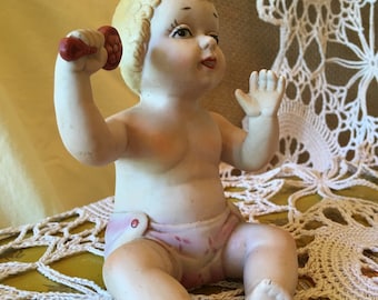 Adorable! Vintage Bisque Baby with Rattle