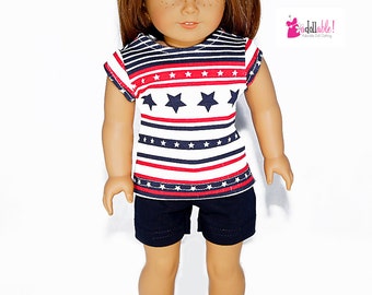 Special Sale 18 inch Doll Clothing, Red/White/Blue Stars & Stripes Top, Navy Blue Short/Leggings made to fit like American girl doll clothes