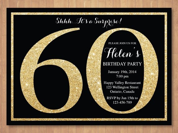 60th Birthday Invitation. Gold Glitter. Black and Gold