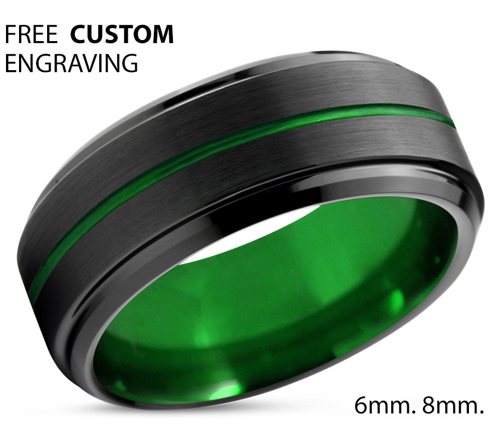 Tungsten Ring Mens Black Green Wedding Band by BellyssaJewelry