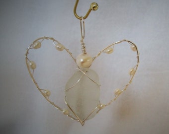 Genuine sea glass wire wrapped angel Christmas ornament, #333