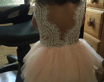 White Lace Flower Girl Dress, Infant Blush Pink Tulle Wedding dress, White Wedding, Tutu, Boho Chic, Country, Couture, Pearl Bead Detail