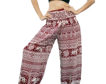 Elephant Thai Harem,Aladdin Pants, Aztec Ethnic Print , Boho Strenchy Pants, Elastic Waist Clothing Beach Women (Red A20011)
