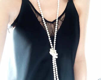 Very Long Pearl Necklace - Genuine Freshwater Pearls - 55" Long - Perfect for Layering - Hang Strung & Knotted - Silver Lobster Clasp